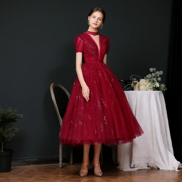 Vintage / Retro Burgundy Dancing Prom Dresses 2020 A-Line / Princess See-through High Neck Puffy Short Sleeve Beading Sequins Sash Tea-length Ruffle Backless Formal Dresses