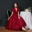 Vintage / Retro Burgundy Dancing Prom Dresses 2020 A-Line / Princess See-through High Neck Puffy Short Sleeve Beading Sequins Sash Tea-length Ruffle Backless Formal Dresses