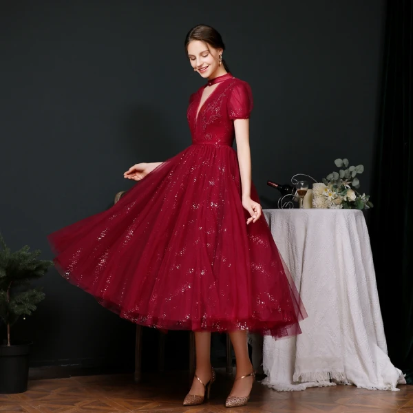 Vintage / Retro Burgundy Dancing Prom Dresses 2020 A-Line / Princess See-through High Neck Puffy Short Sleeve Beading Sequins Sash Tea-length Ruffle Backless Formal Dresses