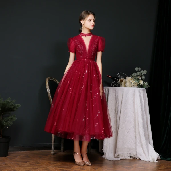 Vintage / Retro Burgundy Dancing Prom Dresses 2020 A-Line / Princess See-through High Neck Puffy Short Sleeve Beading Sequins Sash Tea-length Ruffle Backless Formal Dresses