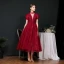 Vintage / Retro Burgundy Dancing Prom Dresses 2020 A-Line / Princess See-through High Neck Puffy Short Sleeve Beading Sequins Sash Tea-length Ruffle Backless Formal Dresses
