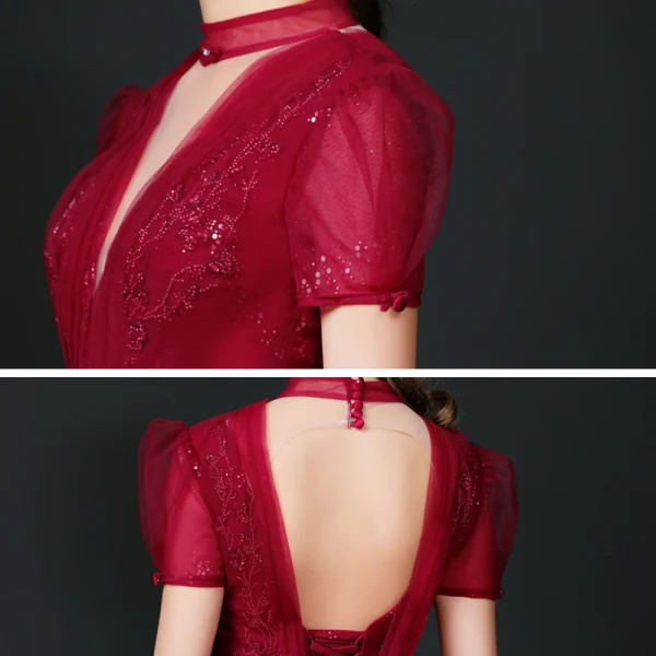 Vintage / Retro Burgundy Dancing Prom Dresses 2020 A-Line / Princess See-through High Neck Puffy Short Sleeve Beading Sequins Sash Tea-length Ruffle Backless Formal Dresses