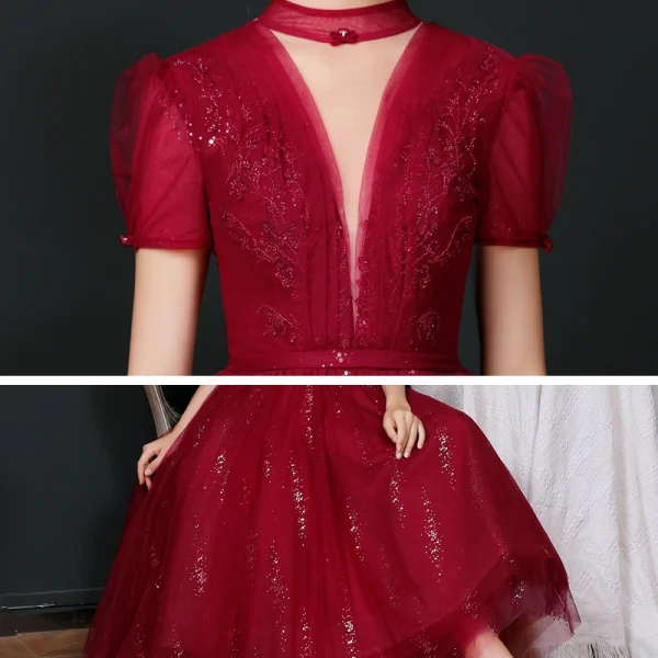 Vintage / Retro Burgundy Dancing Prom Dresses 2020 A-Line / Princess See-through High Neck Puffy Short Sleeve Beading Sequins Sash Tea-length Ruffle Backless Formal Dresses