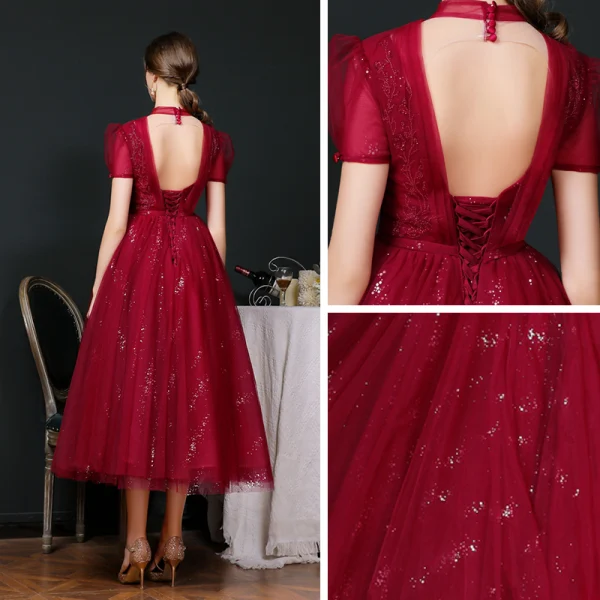 Vintage / Retro Burgundy Dancing Prom Dresses 2020 A-Line / Princess See-through High Neck Puffy Short Sleeve Beading Sequins Sash Tea-length Ruffle Backless Formal Dresses