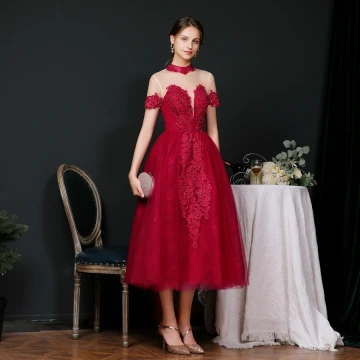 Vintage Originale Bordeaux Dansant Robe De Bal 2020 Princesse Transparentes Col Haut Manches Courtes Appliques En Dentelle Perlage Thé Longueur Volants Dos Nu