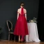 Vintage / Originale Bordeaux Dansant Robe De Bal 2020 Princesse Transparentes Col Haut Manches Courtes Appliques En Dentelle Perlage Thé Longueur Volants Dos Nu