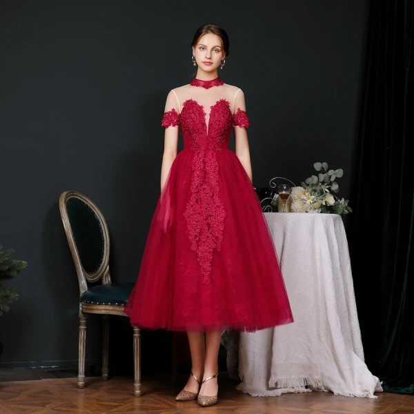 Vintage / Originale Bordeaux Dansant Robe De Bal 2020 Princesse Transparentes Col Haut Manches Courtes Appliques En Dentelle Perlage Thé Longueur Volants Dos Nu
