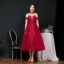 Vintage / Originale Bordeaux Dansant Robe De Bal 2020 Princesse Transparentes Col Haut Manches Courtes Appliques En Dentelle Perlage Thé Longueur Volants Dos Nu