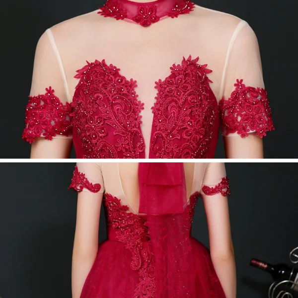 Vintage / Originale Bordeaux Dansant Robe De Bal 2020 Princesse Transparentes Col Haut Manches Courtes Appliques En Dentelle Perlage Thé Longueur Volants Dos Nu