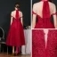 Vintage / Originale Bordeaux Dansant Robe De Bal 2020 Princesse Transparentes Col Haut Manches Courtes Appliques En Dentelle Perlage Thé Longueur Volants Dos Nu