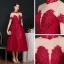 Vintage / Originale Bordeaux Dansant Robe De Bal 2020 Princesse Transparentes Col Haut Manches Courtes Appliques En Dentelle Perlage Thé Longueur Volants Dos Nu