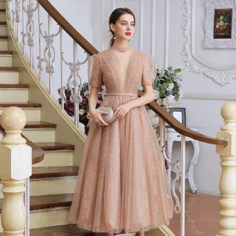 Victorian Style Champagne Dancing Prom Dresses 2020 A Line Princess See Through High Neck Puffy Short Sleeve Beading Pearl Sash Tea Length Ruffle Backless