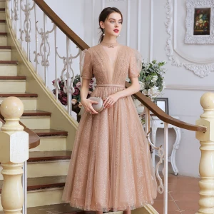 Wiktoriański Styl Szampan Taniec Sukienki Na Bal 2020 Princessa Przezroczyste Wysokiej Szyi Bufiasta Kótkie Rękawy Frezowanie Perła Szarfa Długość Herbaty Wzburzyć Bez Pleców
