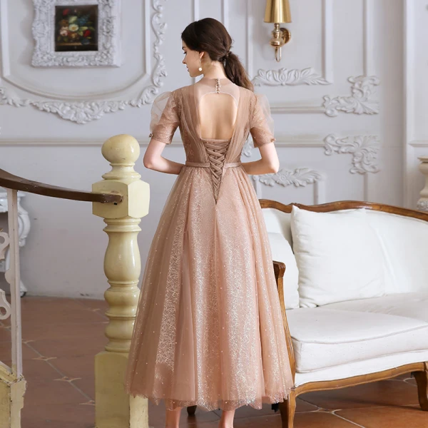 Victorian Style Champagne Dancing Prom Dresses 2020 A-Line / Princess See-through High Neck Puffy Short Sleeve Beading Pearl Sash Tea-length Ruffle Backless