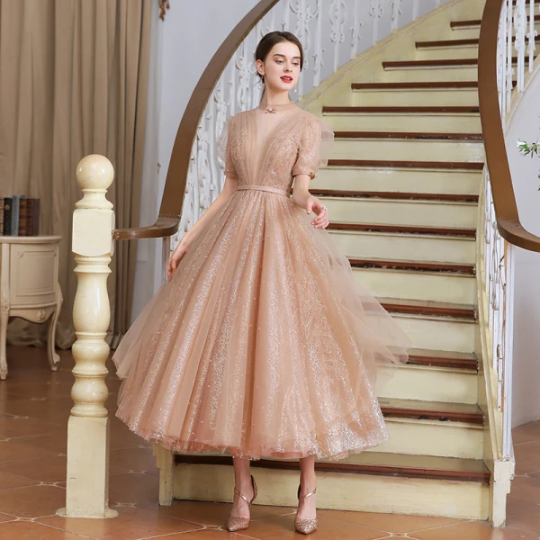 Victorian Style Champagne Dancing Prom Dresses 2020 A-Line / Princess See-through High Neck Puffy Short Sleeve Beading Pearl Sash Tea-length Ruffle Backless