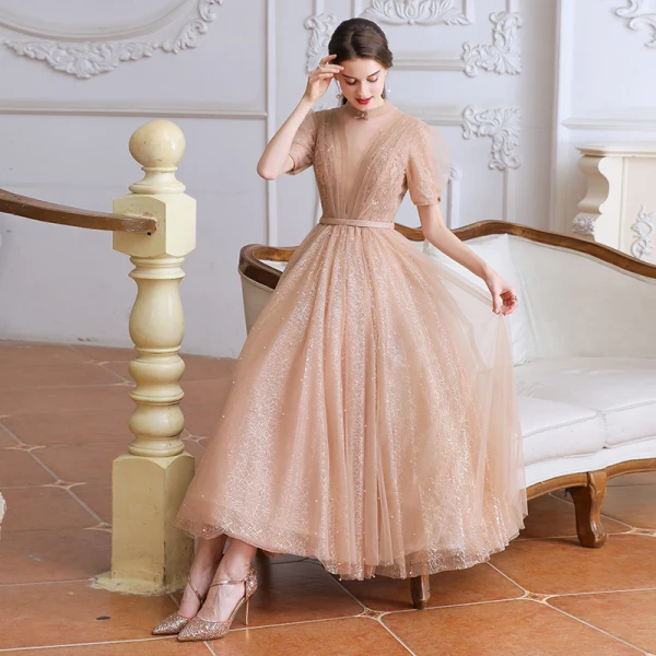 Victorian Style Champagne Dancing Prom Dresses 2020 A-Line / Princess See-through High Neck Puffy Short Sleeve Beading Pearl Sash Tea-length Ruffle Backless
