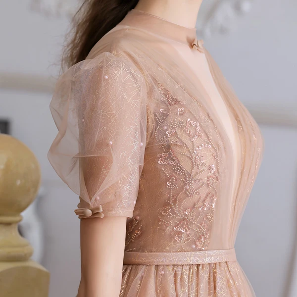 Victorian Style Champagne Dancing Prom Dresses 2020 A-Line / Princess See-through High Neck Puffy Short Sleeve Beading Pearl Sash Tea-length Ruffle Backless