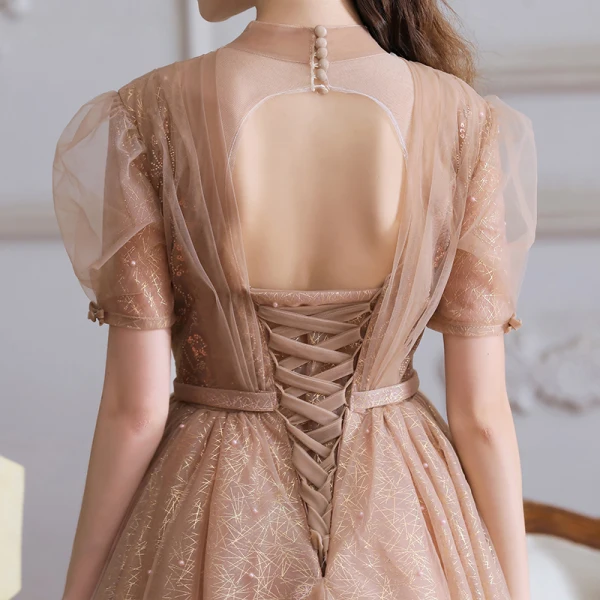Victorian Style Champagne Dancing Prom Dresses 2020 A-Line / Princess See-through High Neck Puffy Short Sleeve Beading Pearl Sash Tea-length Ruffle Backless