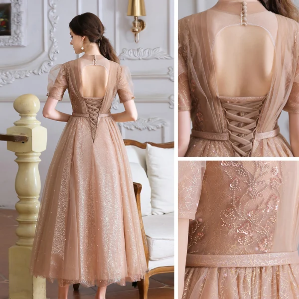 Victorian Style Champagne Dancing Prom Dresses 2020 A-Line / Princess See-through High Neck Puffy Short Sleeve Beading Pearl Sash Tea-length Ruffle Backless
