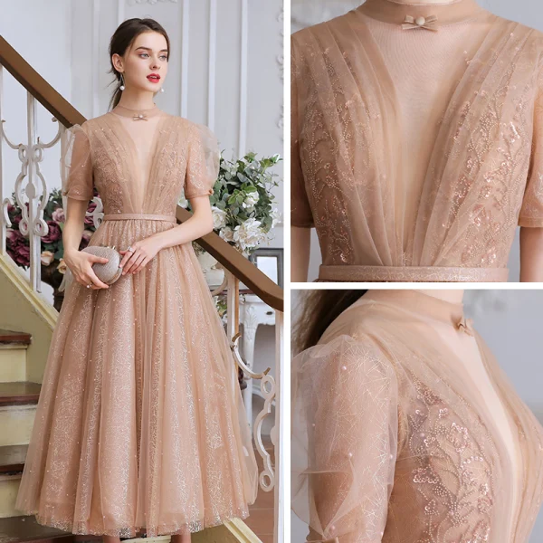 Victorian Style Champagne Dancing Prom Dresses 2020 A-Line / Princess See-through High Neck Puffy Short Sleeve Beading Pearl Sash Tea-length Ruffle Backless