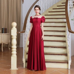 Vintage Originale Bordeaux Satin Dansant Robe De Bal 2020 Princesse Transparentes Encolure Dégagée Gonflée Manches Courtes Longue Volants Dos Nu Robe De Ceremonie