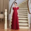 Vintage / Retro Burgundy Satin Dancing Prom Dresses 2020 A-Line / Princess See-through Scoop Neck Puffy Short Sleeve Floor-Length / Long Ruffle Backless Formal Dresses