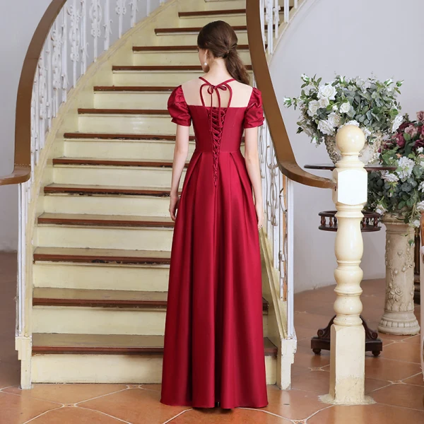 Vintage / Retro Burgundy Satin Dancing Prom Dresses 2020 A-Line / Princess See-through Scoop Neck Puffy Short Sleeve Floor-Length / Long Ruffle Backless Formal Dresses