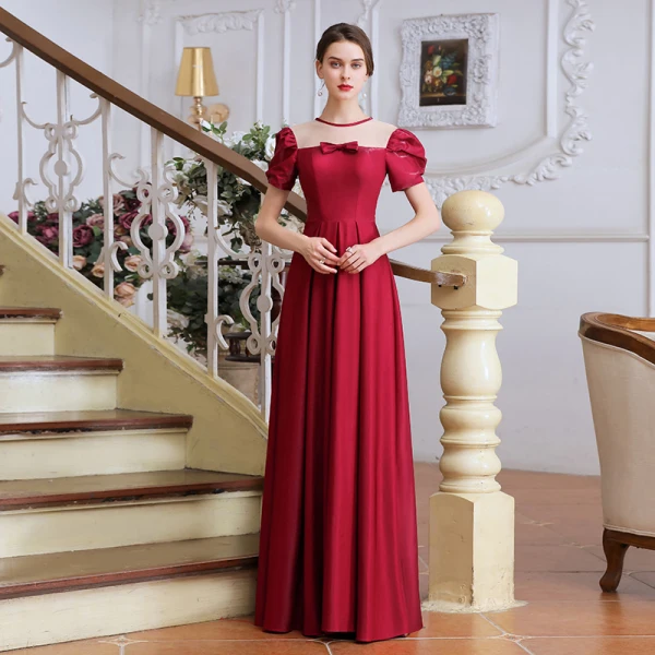 Vintage / Retro Burgundy Satin Dancing Prom Dresses 2020 A-Line / Princess See-through Scoop Neck Puffy Short Sleeve Floor-Length / Long Ruffle Backless Formal Dresses