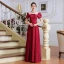 Vintage / Retro Burgundy Satin Dancing Prom Dresses 2020 A-Line / Princess See-through Scoop Neck Puffy Short Sleeve Floor-Length / Long Ruffle Backless Formal Dresses