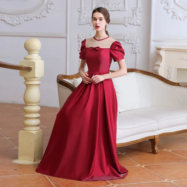 Vintage / Retro Burgundy Satin Dancing Prom Dresses 2020 A-Line / Princess See-through Scoop Neck Puffy Short Sleeve Floor-Length / Long Ruffle Backless Formal Dresses