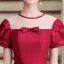 Vintage / Retro Burgundy Satin Dancing Prom Dresses 2020 A-Line / Princess See-through Scoop Neck Puffy Short Sleeve Floor-Length / Long Ruffle Backless Formal Dresses