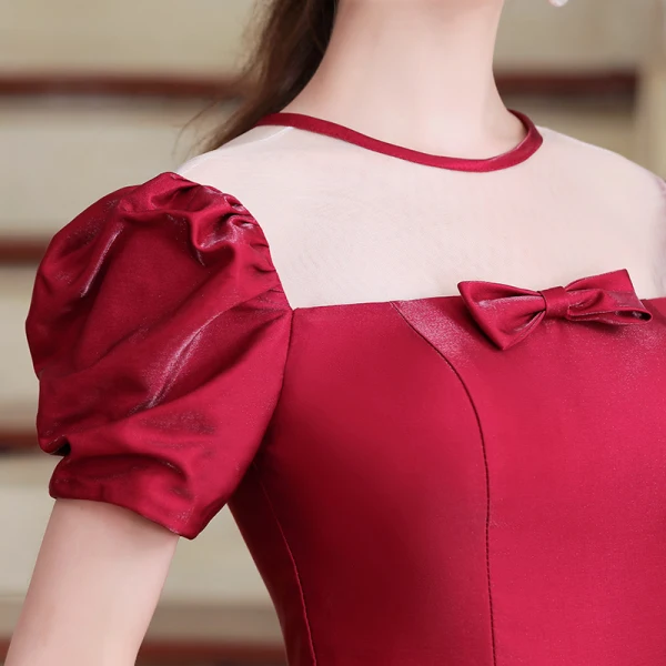 Vintage / Retro Burgundy Satin Dancing Prom Dresses 2020 A-Line / Princess See-through Scoop Neck Puffy Short Sleeve Floor-Length / Long Ruffle Backless Formal Dresses