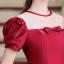 Vintage / Retro Burgundy Satin Dancing Prom Dresses 2020 A-Line / Princess See-through Scoop Neck Puffy Short Sleeve Floor-Length / Long Ruffle Backless Formal Dresses