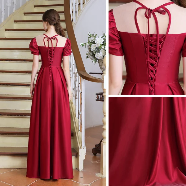 Vintage / Retro Burgundy Satin Dancing Prom Dresses 2020 A-Line / Princess See-through Scoop Neck Puffy Short Sleeve Floor-Length / Long Ruffle Backless Formal Dresses