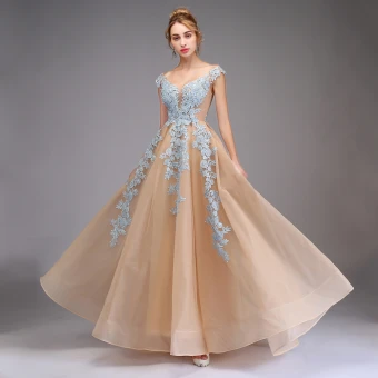 Illusion Champagne Transparentes Robe De Bal 2020 Princesse V Cou Sans Manches Appliques En Dentelle Longue Volants Robe De Ceremonie