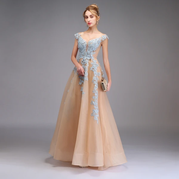 Illusion Champagne See-through Prom Dresses 2020 A-Line / Princess V-Neck Sleeveless Appliques Lace Floor-Length / Long Ruffle Formal Dresses