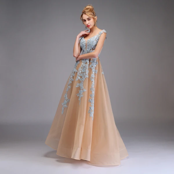 Illusion Champagne See-through Prom Dresses 2020 A-Line / Princess V-Neck Sleeveless Appliques Lace Floor-Length / Long Ruffle Formal Dresses