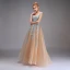 Illusion Champagne See-through Prom Dresses 2020 A-Line / Princess V-Neck Sleeveless Appliques Lace Floor-Length / Long Ruffle Formal Dresses