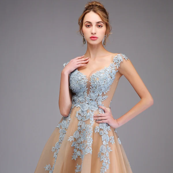 Illusion Champagne See-through Prom Dresses 2020 A-Line / Princess V-Neck Sleeveless Appliques Lace Floor-Length / Long Ruffle Formal Dresses