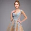 Illusion Champagne See-through Prom Dresses 2020 A-Line / Princess V-Neck Sleeveless Appliques Lace Floor-Length / Long Ruffle Formal Dresses