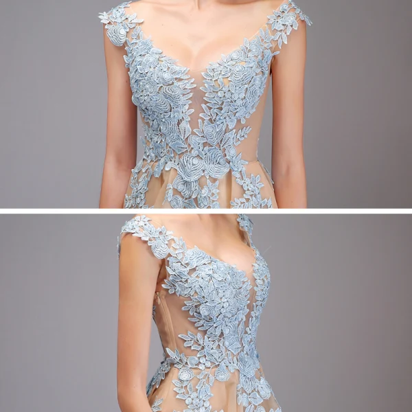 Illusion Champagne See-through Prom Dresses 2020 A-Line / Princess V-Neck Sleeveless Appliques Lace Floor-Length / Long Ruffle Formal Dresses