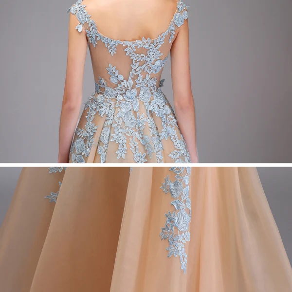 Illusion Champagne See-through Prom Dresses 2020 A-Line / Princess V-Neck Sleeveless Appliques Lace Floor-Length / Long Ruffle Formal Dresses