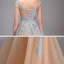 Illusion Champagne See-through Prom Dresses 2020 A-Line / Princess V-Neck Sleeveless Appliques Lace Floor-Length / Long Ruffle Formal Dresses