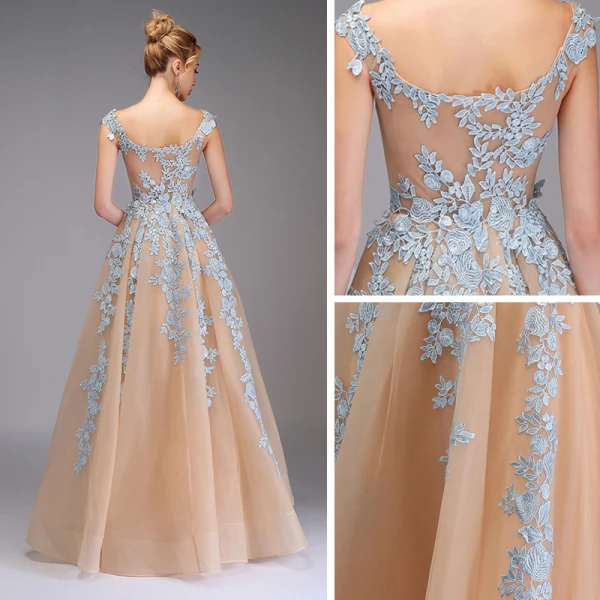 Illusion Champagne See-through Prom Dresses 2020 A-Line / Princess V-Neck Sleeveless Appliques Lace Floor-Length / Long Ruffle Formal Dresses