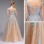 Illusion Champagne See-through Prom Dresses 2020 A-Line / Princess V-Neck Sleeveless Appliques Lace Floor-Length / Long Ruffle Formal Dresses