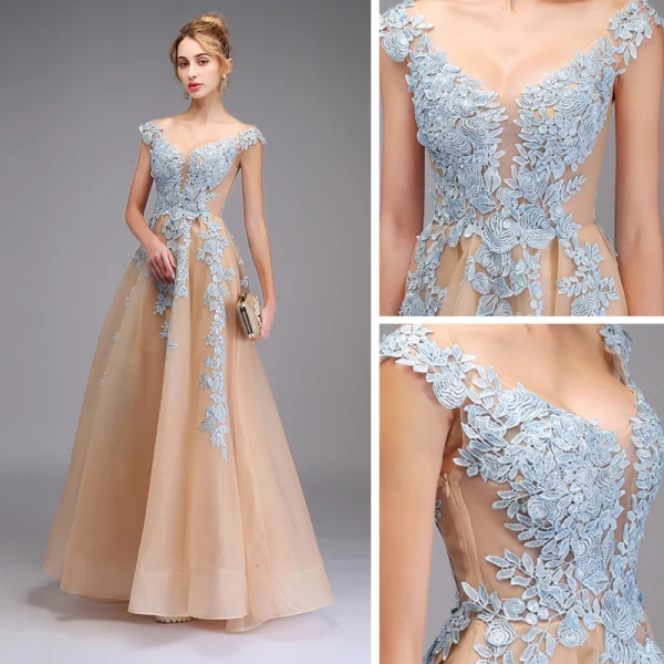 Illusion Champagne See-through Prom Dresses 2020 A-Line / Princess V-Neck Sleeveless Appliques Lace Floor-Length / Long Ruffle Formal Dresses