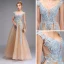 Illusion Champagne See-through Prom Dresses 2020 A-Line / Princess V-Neck Sleeveless Appliques Lace Floor-Length / Long Ruffle Formal Dresses