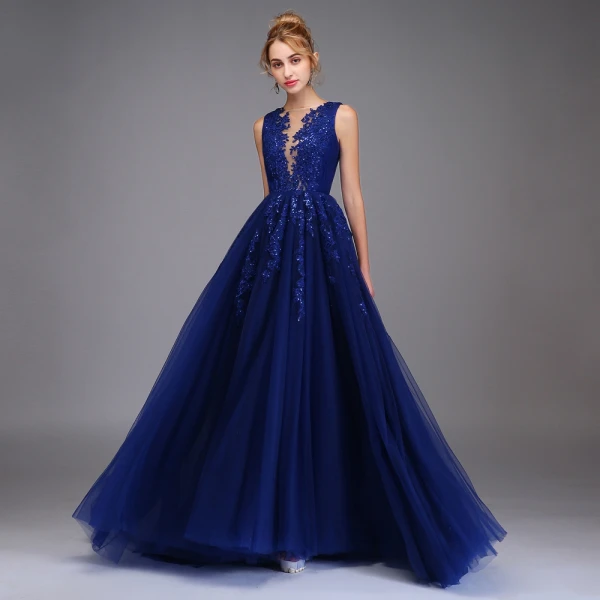 Haut de Gamme Bleu Roi Robe De Bal 2020 Princesse Transparentes Encolure Dégagée Sans Manches Appliques En Dentelle Paillettes Fendue devant Train De Balayage Volants Robe De Ceremonie