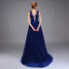 High-end Royal Blue Prom Dresses 2020 A-Line / Princess See-through Scoop Neck Sleeveless Appliques Lace Sequins Split Front Sweep Train Ruffle Formal Dresses