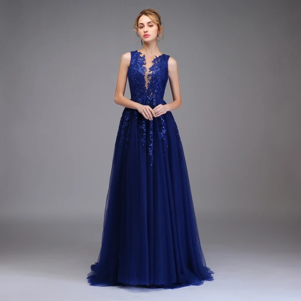 Haut de Gamme Bleu Roi Robe De Bal 2020 Princesse Transparentes Encolure Dégagée Sans Manches Appliques En Dentelle Paillettes Fendue devant Train De Balayage Volants Robe De Ceremonie